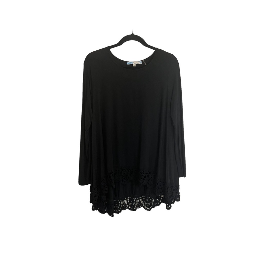 Cecico Black Crochet Lace Hem Long Sleeve Tunic Top Blouse Womens Size M